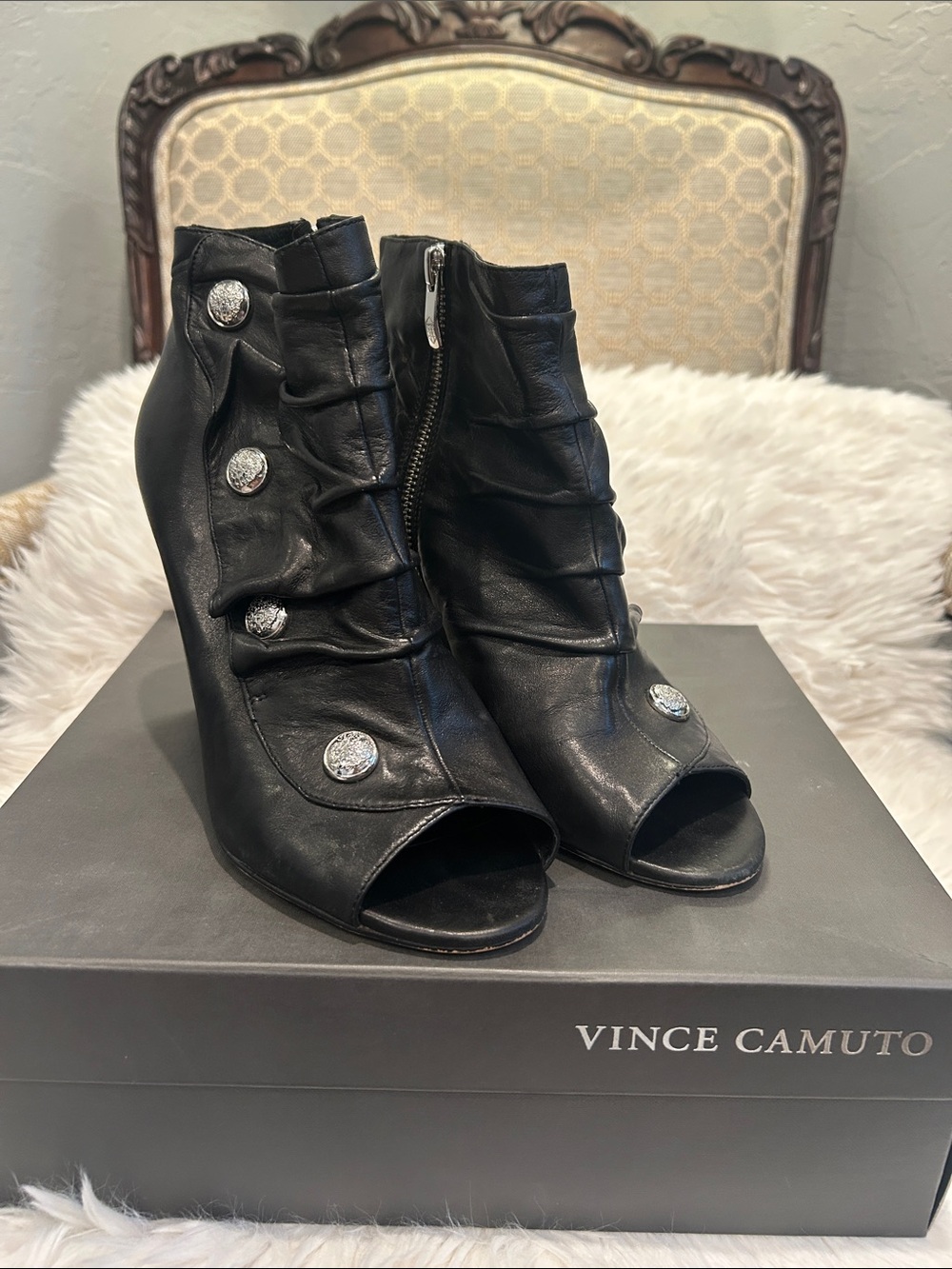 Vince Camuto Black Leather Peep-Toe Ruffled Ankle Boots with Decorative Buttons